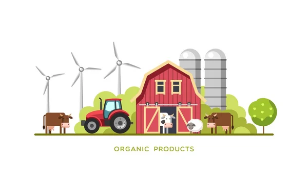 Fondo agrícola con granero, molino de viento, tractor, vacas y ovejas. Productos orgánicos, concepto de productos frescos de granja. Ilustración vectorial . — Vector de stock