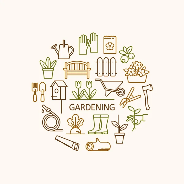 Jardinería, herramientas, flores iconos. Objetos de jardín para gráficos de información, sitios web y medios impresos. Iconos de línea vectorial . — Vector de stock