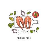 Steaks Fisch mit frischen Kräutern. frische Bio-Meeresfrüchte. Vektorillustration.