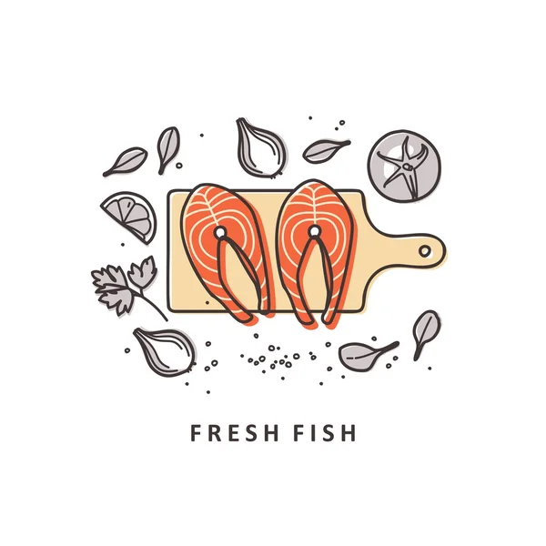 Steaks Fisch mit frischen Kräutern. frische Bio-Meeresfrüchte. Vektorillustration. — Stockvektor