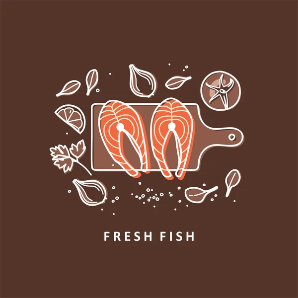 Filetes de pescado con hierbas frescas. Marisco orgánico fresco. Ilustración vectorial . — Vector de stock