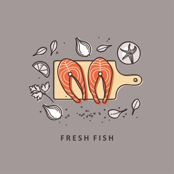 Biffar fisk med färska örter. Färska ekologiska skaldjur. Vektor illustration. — Stock vektor