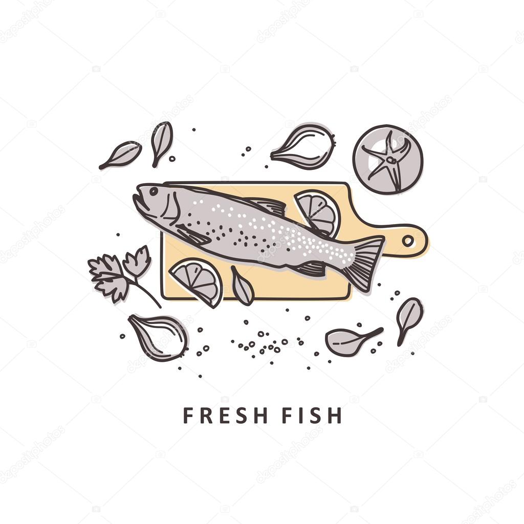 Rainbow trout with fresh herbs. Vector illustration.