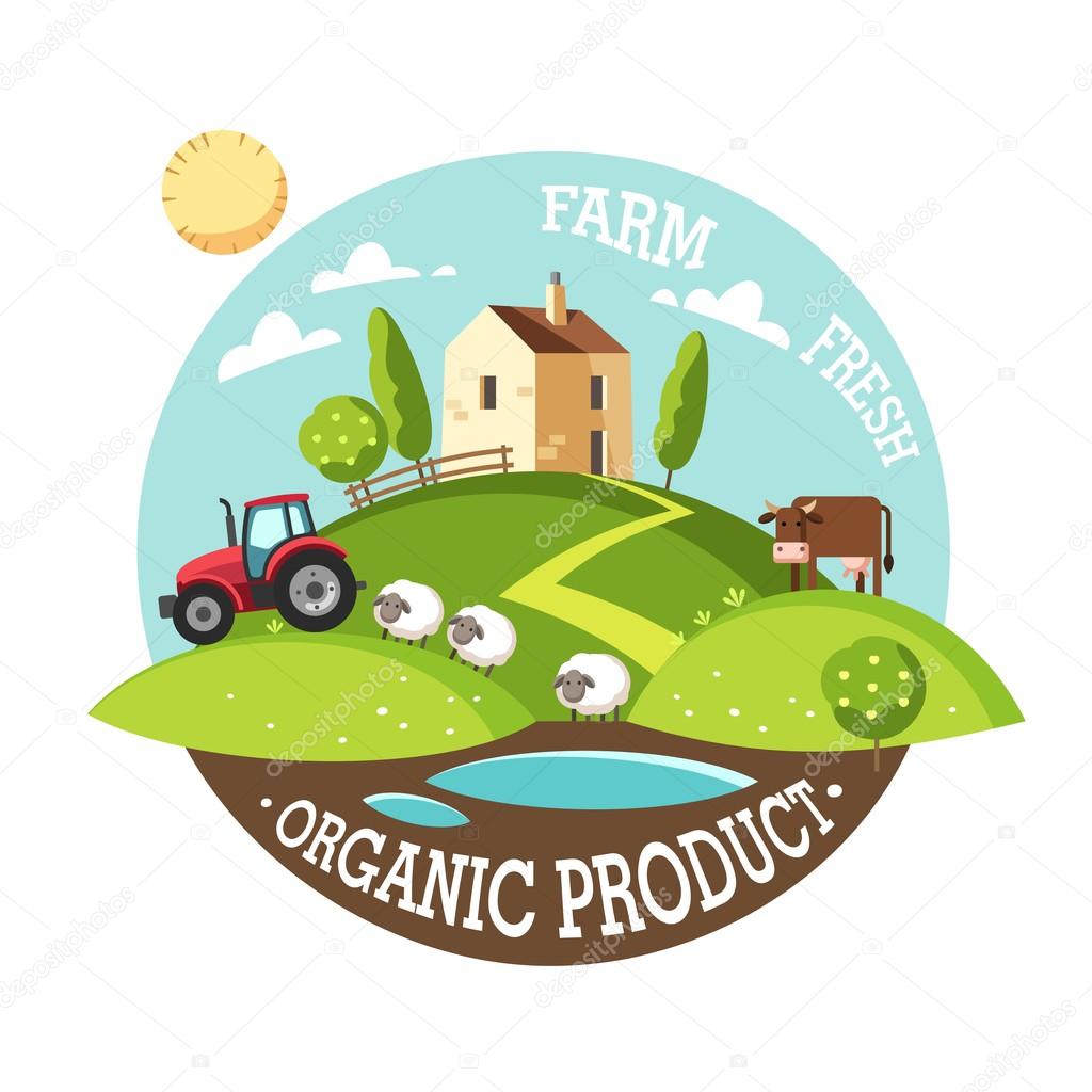 Organic product. Farm fresh. Summer rural landscape. Vector