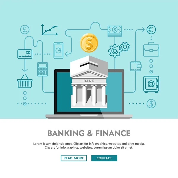 銀行と金融の近代的なフラット ライン設計コンセプト。Web サイトと web バナーのベクトル デザイン要素. — ストックベクタ