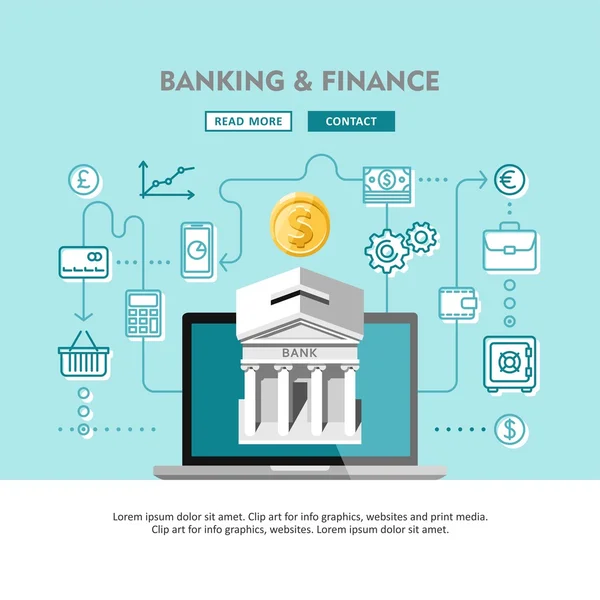 은행 및 금융 개념 웹사이트 템플릿입니다. 벡터 일러스트입니다. 현대 평면 디자인. — 스톡 벡터
