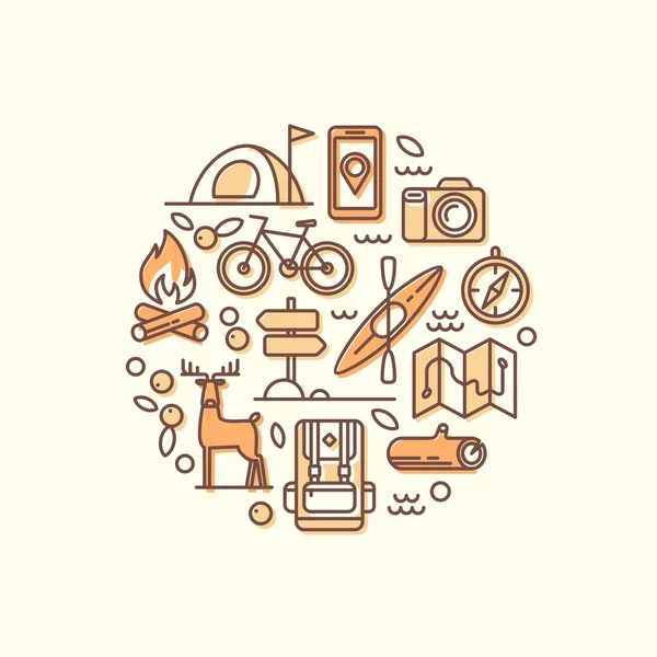 Vacation, camping, hiking, adventure, extreme sports, outdoor recreation. Set of line vector icons.
