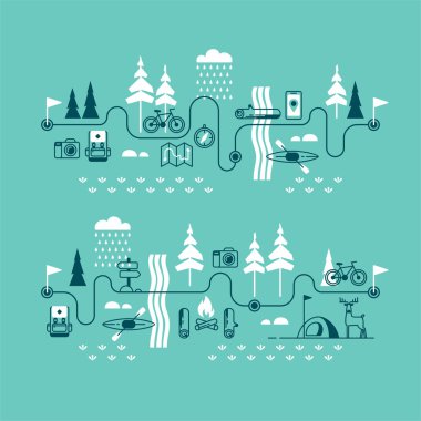 Yaz tatili doğada. Hiking trail. Seyahat ve tatil vektör konsept çizimler ile kutsal kişilerin resmi.