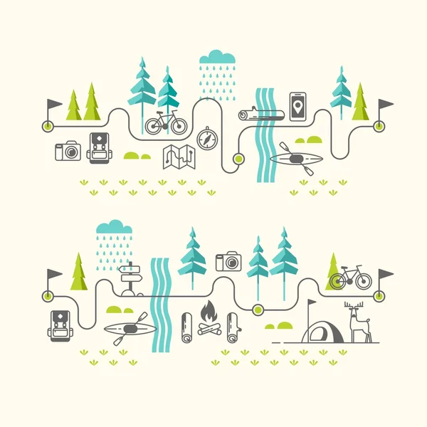 Vacaciones de verano en la naturaleza. Ruta de senderismo. Ilustraciones conceptuales vectoriales con iconos de viajes y vacaciones . — Vector de stock