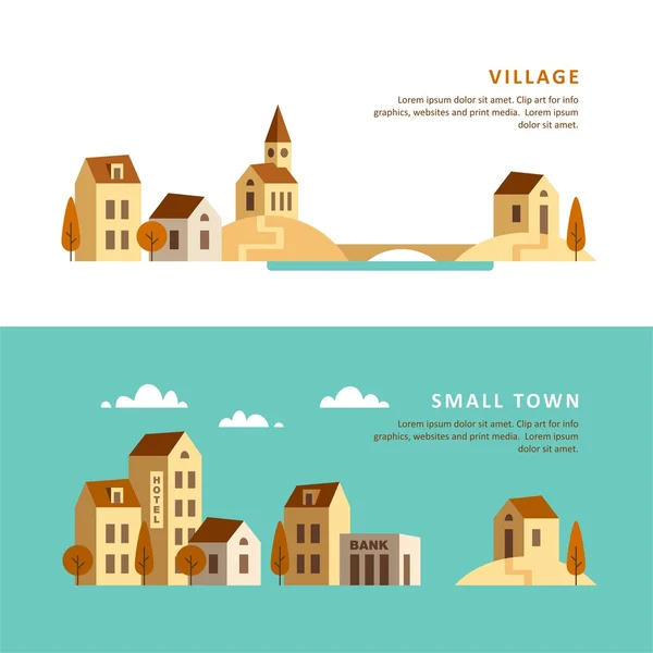 Aldeia. Cidade pequena. Paisagem rural e urbana. Ilustração vetorial . — Vetor de Stock