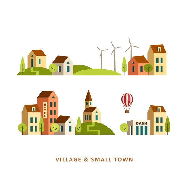 Village. Petite ville. Paysage rural et urbain. Illustration vectorielle plate . — Image vectorielle