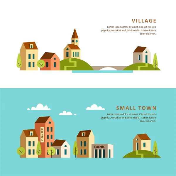 Paisaje rural y urbano. Pueblo. Un pueblo pequeño. Ilustración plana del vector . — Archivo Imágenes Vectoriales