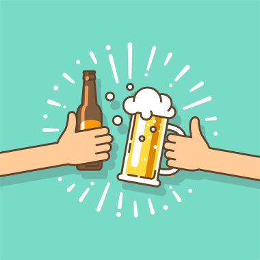 Bira festivali. Bira şişesi ve bira bardağını tutan iki el. Düz biçimli vektör illüstrasyonu.
