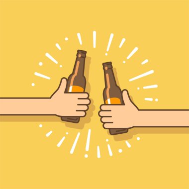 Bira partisi. Bira şişesi holding iki eller. Düz stil vektör çizim.