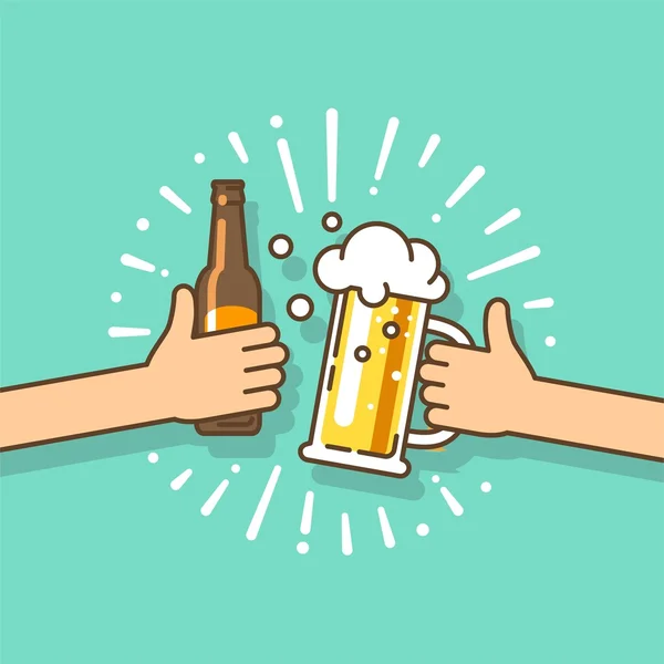 Bira festivali. Bira şişesi ve bira bardağını tutan iki el. Düz biçimli vektör illüstrasyonu.