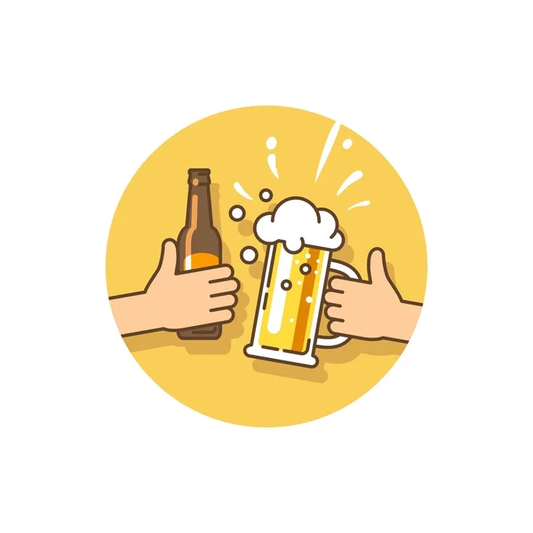 Festival da cerveja. Festa de aniversário. Celebração do evento atual. Duas mãos a segurar a garrafa de cerveja e o copo de cerveja. Ilustração vetorial em estilo plano . —  Vetores de Stock