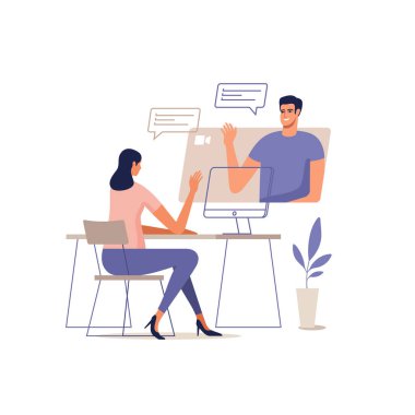 Genç adam ve kadın mobil cihazlar kullanarak çevrimiçi iletişim kuruyorlar. Video konferansı konsepti, uzaktan kumanda evden ya da çevrimiçi toplantıdan. Vektör illüstrasyonu.