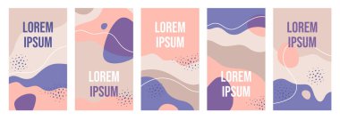 Soyut şekilli basit modern tarzda tasarım şablonlarının vektör kümesi. Metin için kopyalama alanı olan arkaplanlar tasarla. Davetiye tasarımları, sosyal medya hikayeleri ve duvar kağıtları için uygun.