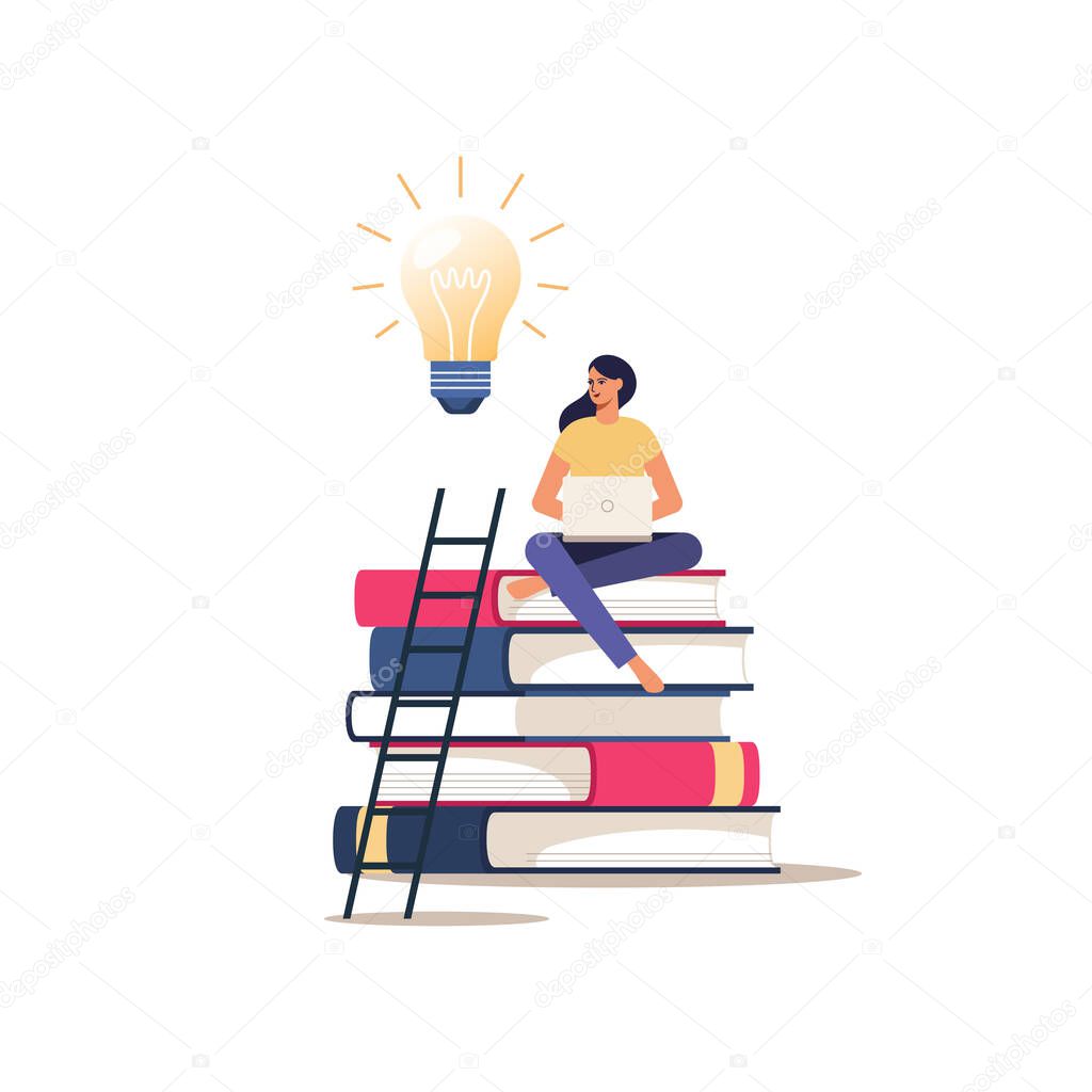Online education or courses. Girl with laptop sits on books. Vector concept of distance learning.