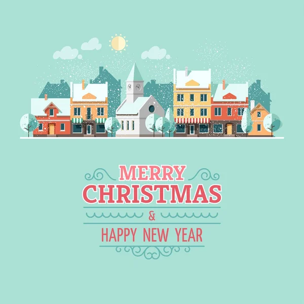 Christmas greeting card - snowy street. — Stock Vector