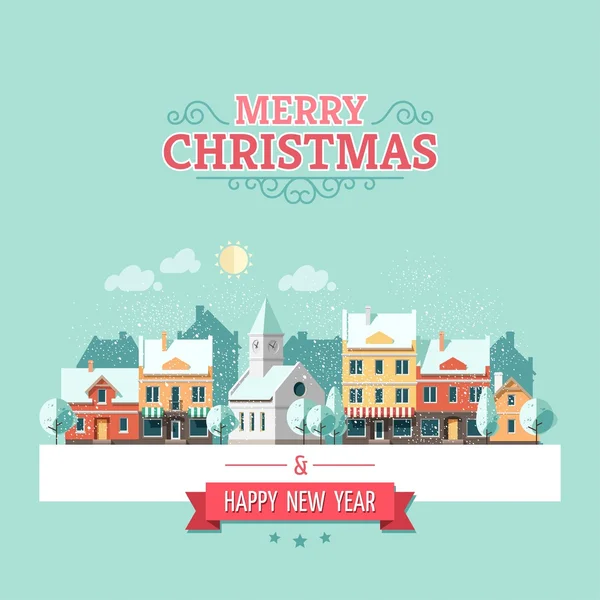 Christmas greeting card - snowy street. — Stock Vector