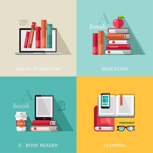 Conjunto de conceptos de diseño plano para la educación, librería en línea, lector de libros electrónicos, aprendizaje. Conceptos para banners web y materiales impresos . — Vector de stock