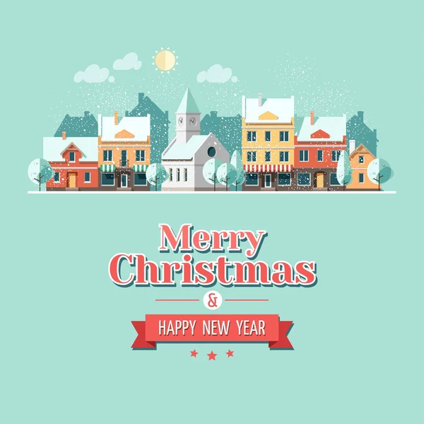 Tarjeta de felicitación de la ciudad de Navidad - calle nevada . — Vector de stock