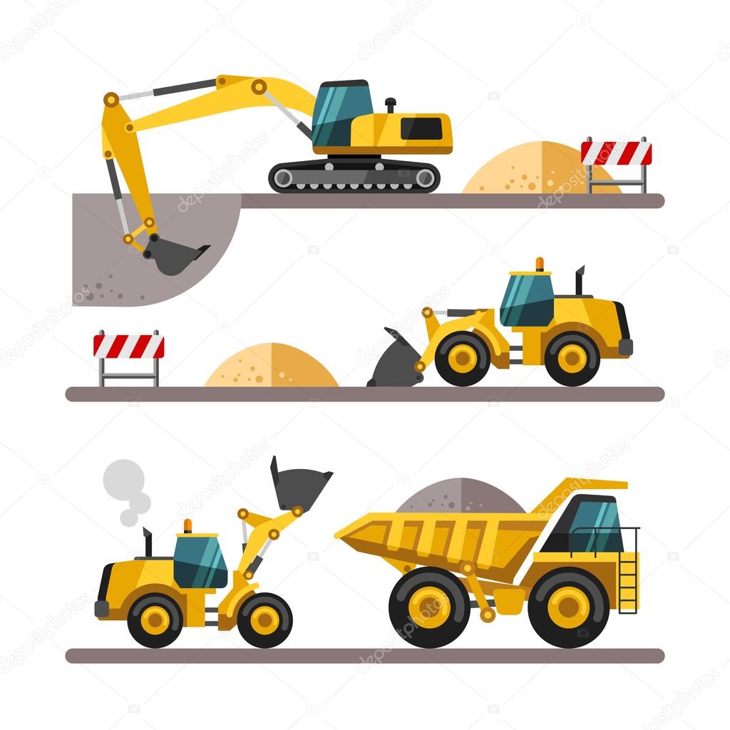Set of building machines. Construction equipment and machinery - excavator, truck, loader.