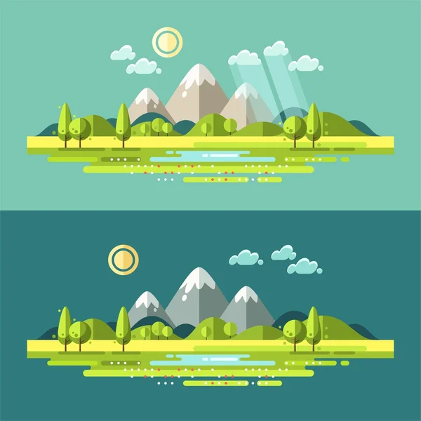 Ilustración del paisaje natural con sol, colinas y nubes . — Vector de stock