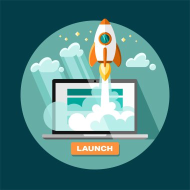 Düz kavramı arka plan ile roket. Proje başlangıç up - denize indirmek.