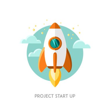 Düz kavramı arka plan ile roket. Proje başlangıç yeni iş.
