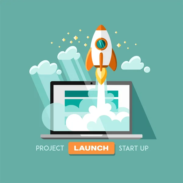 Flat concept background with rocket. Project start up - launch. — Stock Vector