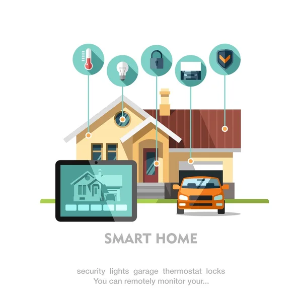 Smart home. Flat design style vector illustration concept of smart house technology system with centralized control. — Stock Vector