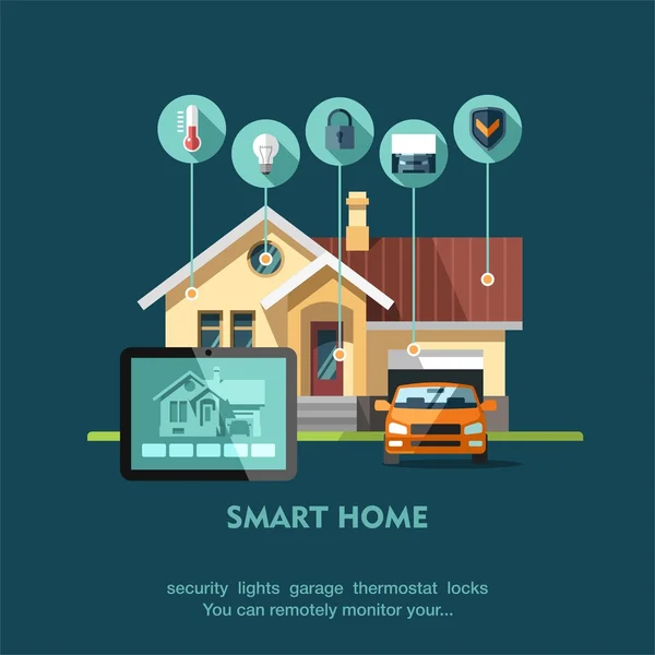 Hogar inteligente. Concepto de ilustración vectorial de estilo de diseño plano de sistema de tecnología de casa inteligente con control centralizado . — Vector de stock