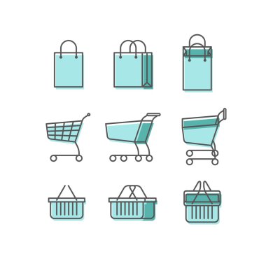 Çizgi düz tasarım öğeleriyle - E-ticaret, ayarla web simgeler alışveriş. Alışveriş çantası, alışveriş sepeti, alışveriş sepeti.