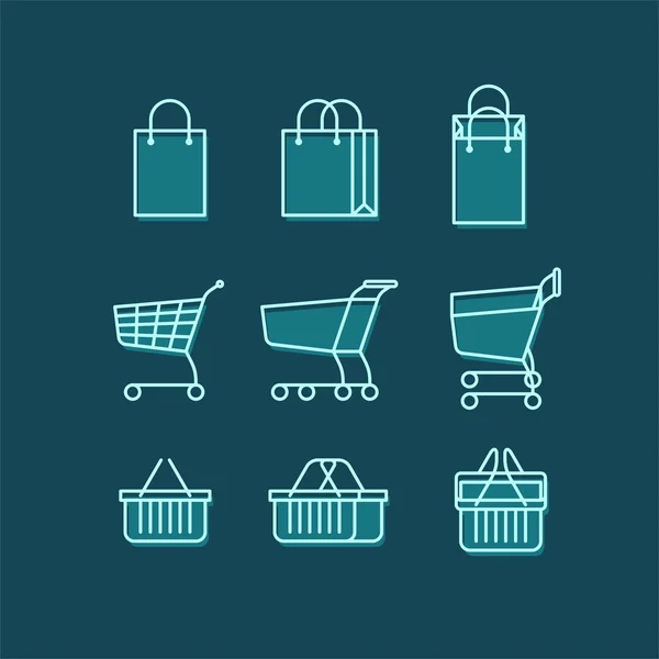 Line web icons set with flat design elements - E-commerce, shopping. Shopping bag, shopping cart, shopping basket. — Stock Vector