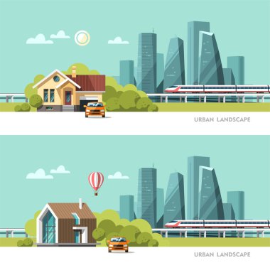 Gökdelenler ve demiryolu ile şehir merkezinde aile ev geleneksel ve Modern House Cityscape arka plan kentsel peyzaj