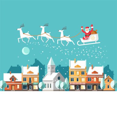 Noel Baba atlı kızak ve onun reindeers. Kış kasaba. Kentsel kış manzarası.