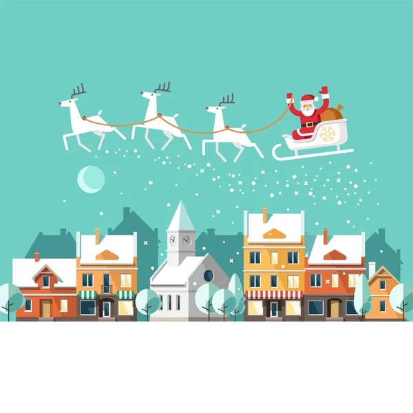 Santa Claus on sleigh and his reindeers. Winter town. Urban winter landscape. — Stock Vector