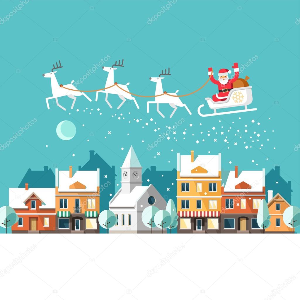 Santa Claus on sleigh and his reindeers. Winter town. Urban winter landscape.