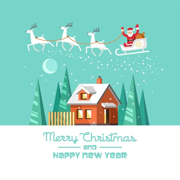 Santa Claus on sleigh and his reindeers. Winter house. Christmas card. — Stock Vector