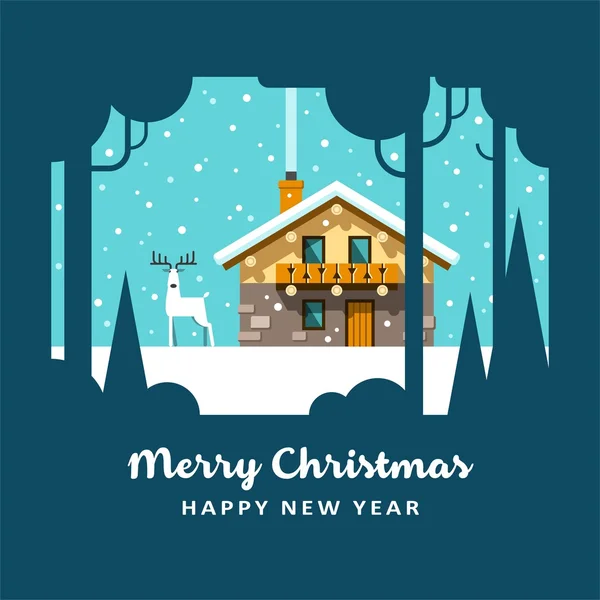 Casa na floresta de inverno. Cartão de Natal fundo cartaz . —  Vetores de Stock