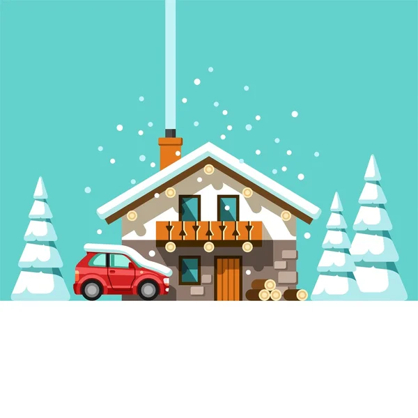 Vacances d'hiver. Vacances en station. Maison en forêt . — Image vectorielle