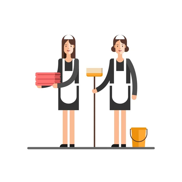Cleaning service. Cleaning womans in classic maid dress. — Stock Vector