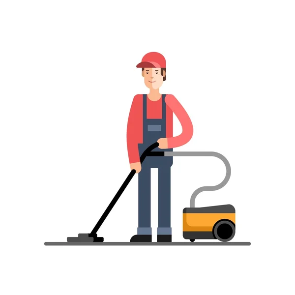 Cleaning company, service. Man vacuum cleaner cleaning. — Stock Vector