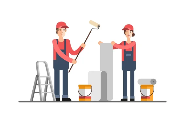 Reparera byggföretag, service. Ung kvinna och man arbetstagare i uniform. Hus reparation. Att limma tapeten. Måla väggar. — Stock vektor