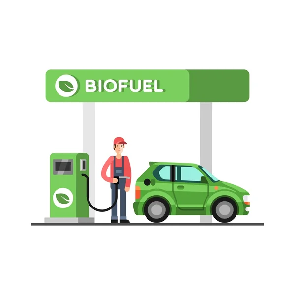 Biobrandstof. Eco brandstof benzinestation. Groene energie. Opslaan van de aarde, ecologie, alternatieve energie. — Stockvector
