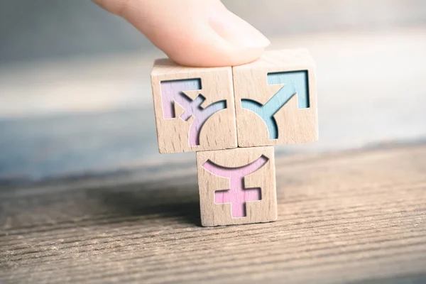 Transgender, LGBT of Intersex Icoon Op 3 Wodden Blocks Op een bord geregeld door een vinger Stockfoto