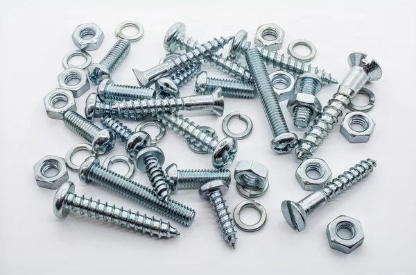 Makro średni zbiór żelaza śruby, nakrętki i lockwashers — Zdjęcie stockowe