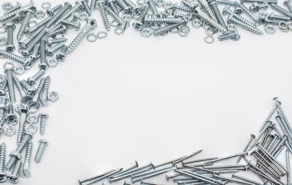 Collection Of Iron Screws, Nuts, Nails And Lockwashers Above And Below — Stock Photo, Image